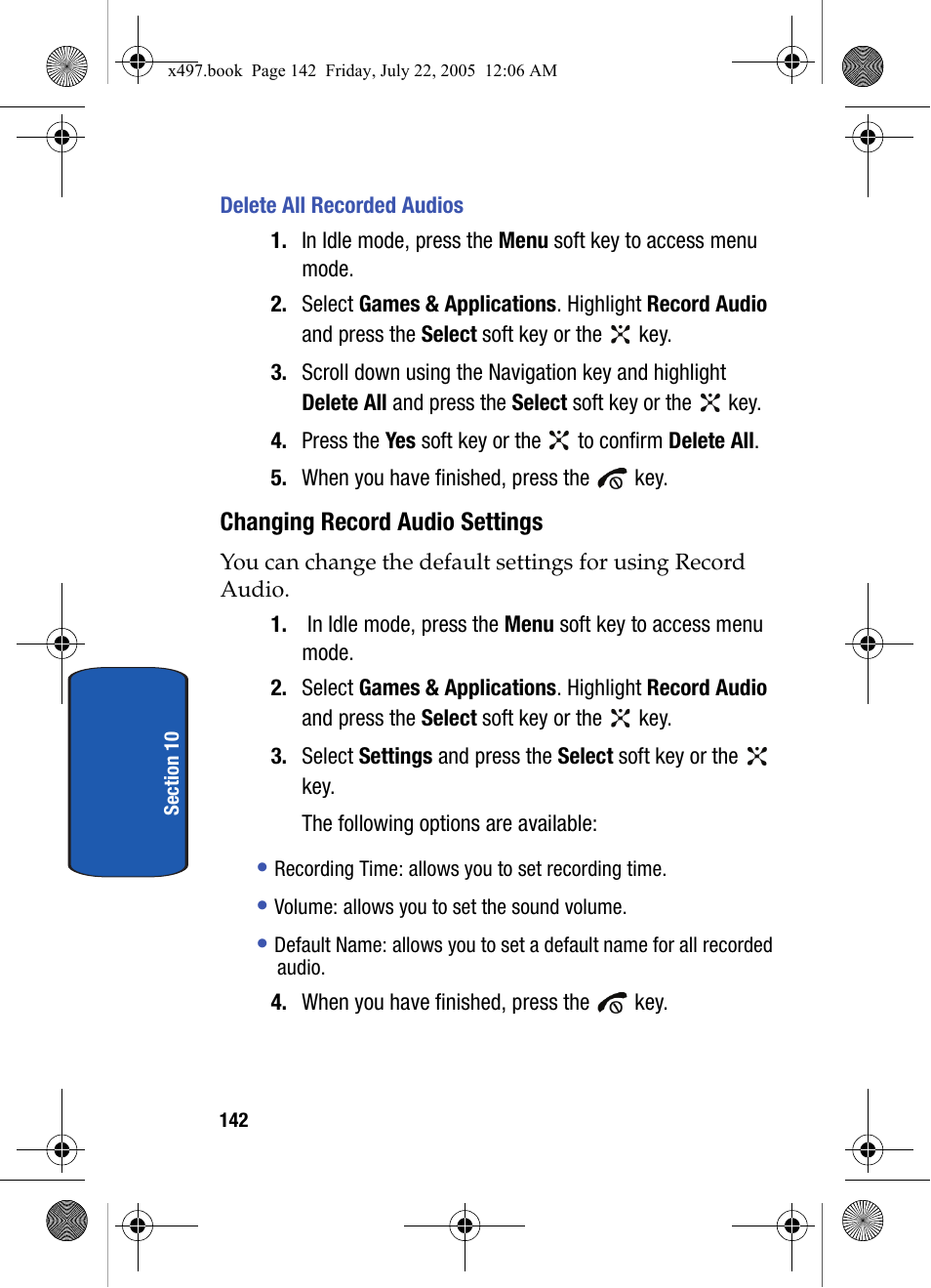 Delete all recorded audios, Changing record audio settings | Samsung SGH-x497 User Manual | Page 142 / 196