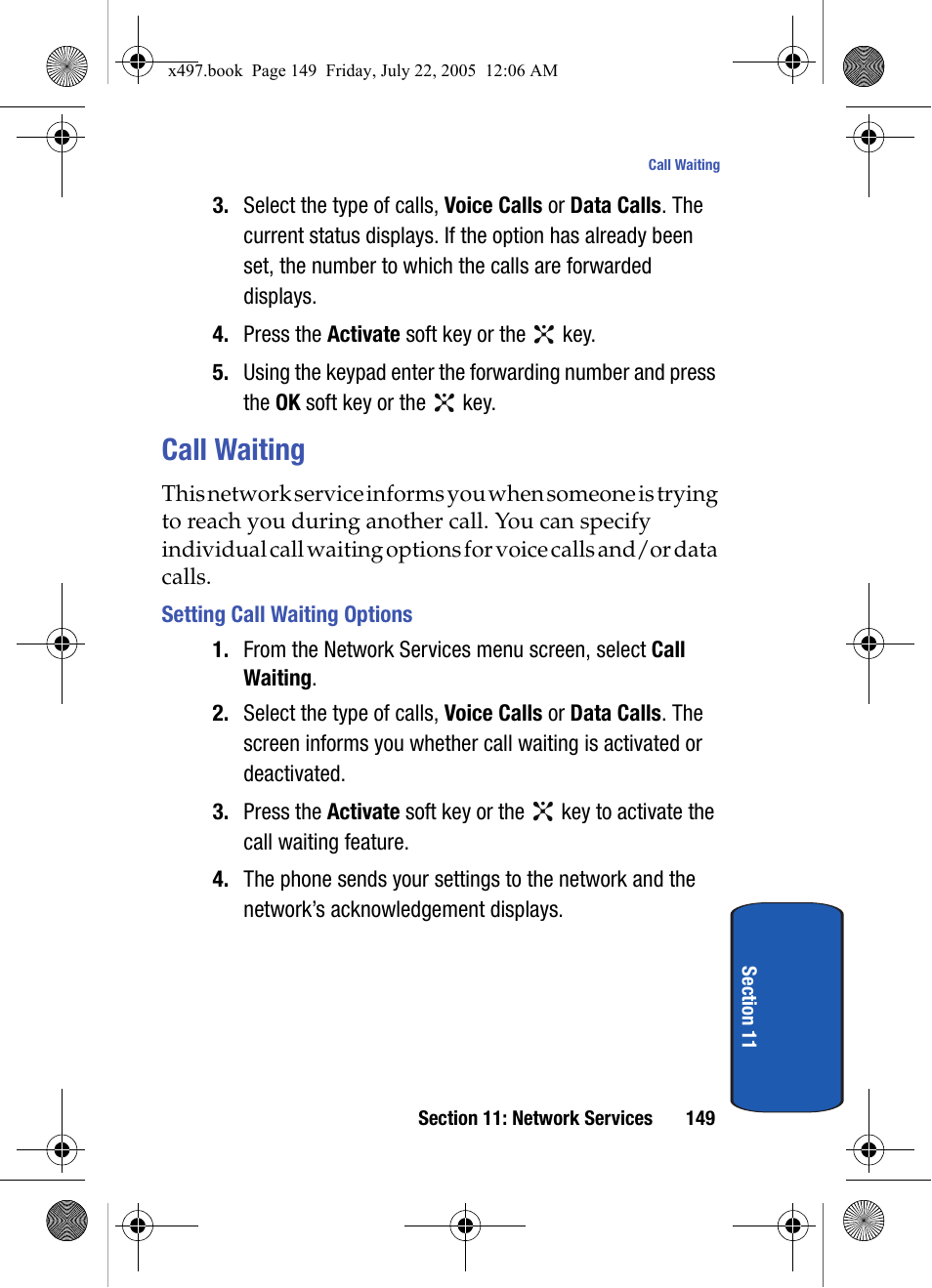 Call waiting, Setting call waiting options | Samsung SGH-x497 User Manual | Page 149 / 196