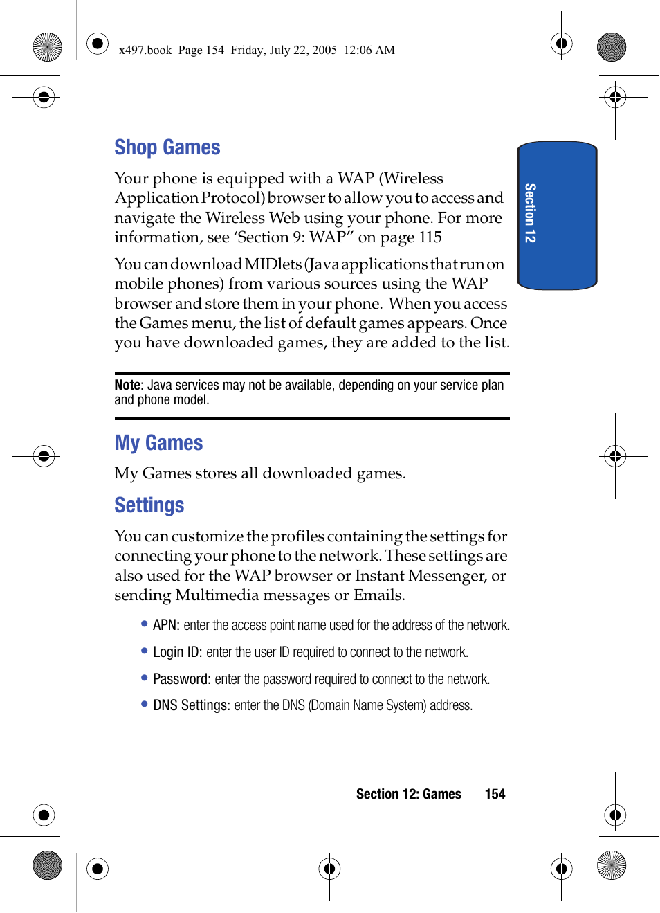 Shop games, My games, Settings | Shop games my games settings | Samsung SGH-x497 User Manual | Page 154 / 196