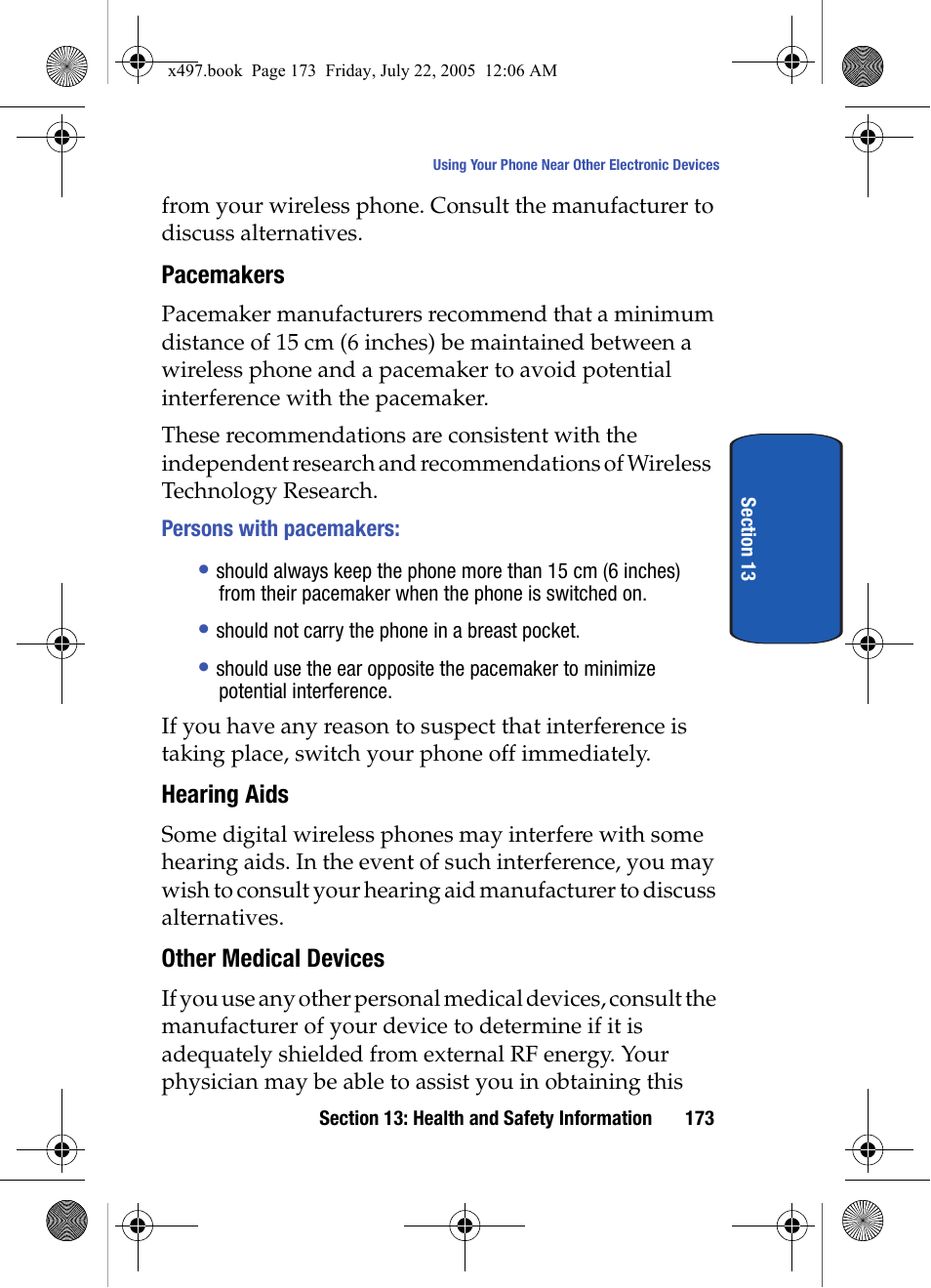 Pacemakers, Persons with pacemakers, Hearing aids | Other medical devices | Samsung SGH-x497 User Manual | Page 173 / 196