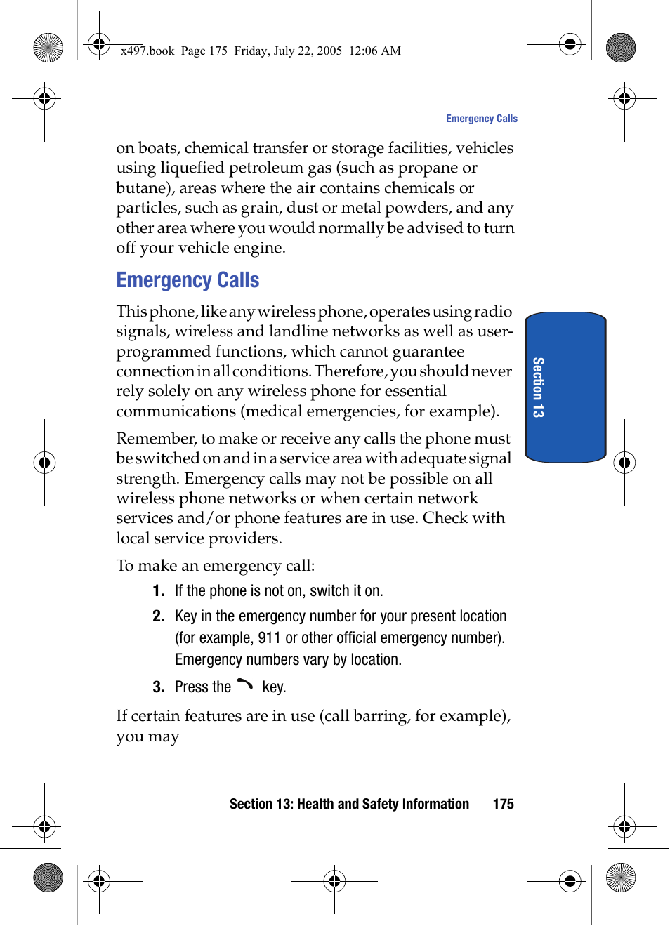 Emergency calls | Samsung SGH-x497 User Manual | Page 175 / 196