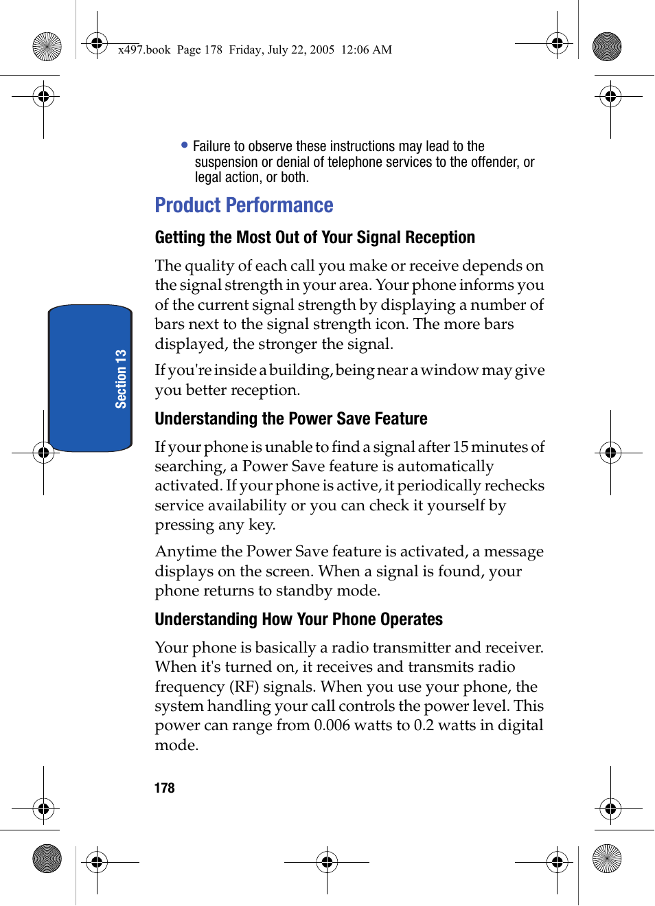 Product performance, Getting the most out of your signal reception, Understanding the power save feature | Understanding how your phone operates | Samsung SGH-x497 User Manual | Page 178 / 196