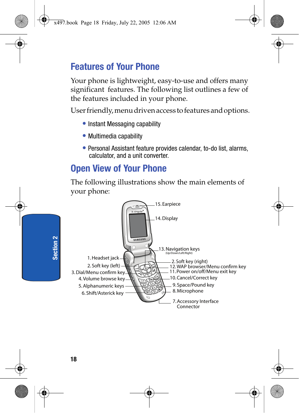 Features of your phone, Open view of your phone, Features of your phone open view of your phone | Samsung SGH-x497 User Manual | Page 18 / 196