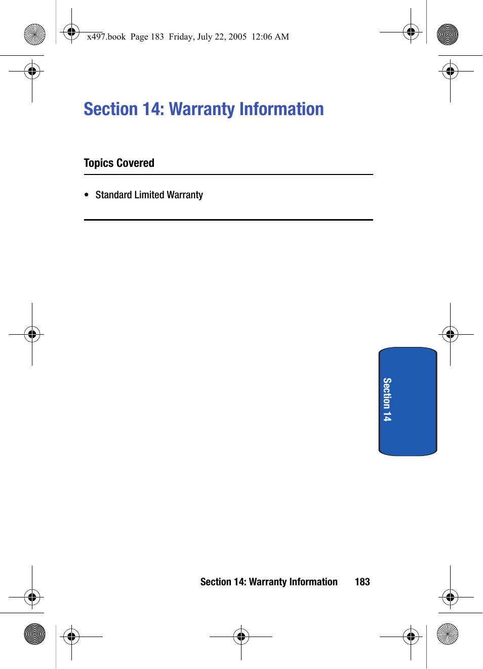 Section 14: warranty information, Topics covered | Samsung SGH-x497 User Manual | Page 183 / 196