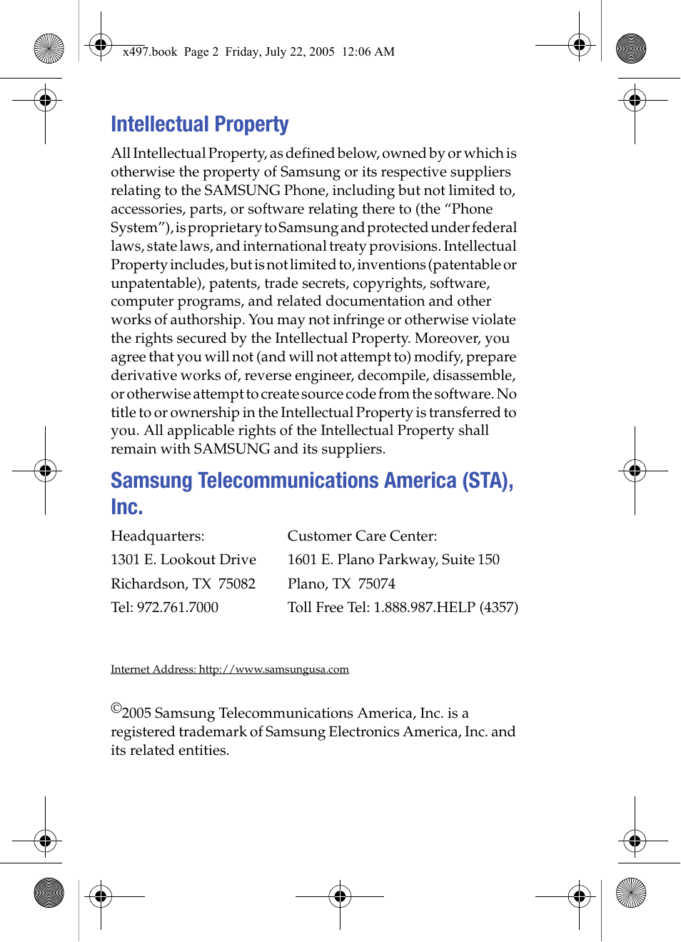 Intellectual property, Samsung telecommunications america (sta), inc | Samsung SGH-x497 User Manual | Page 2 / 196