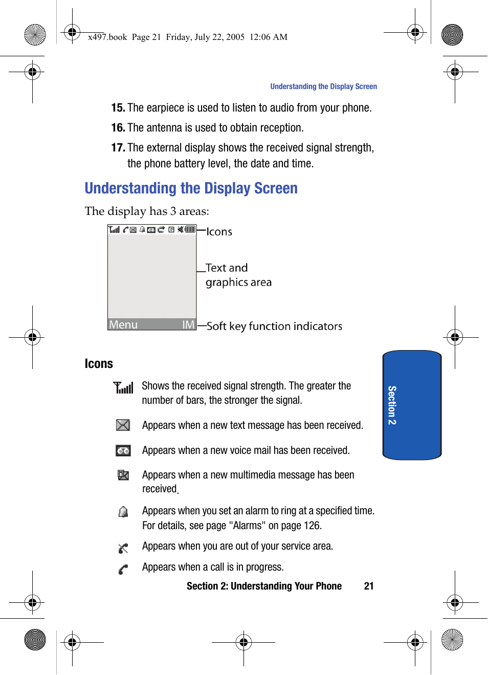 Understanding the display screen, Icons | Samsung SGH-x497 User Manual | Page 21 / 196