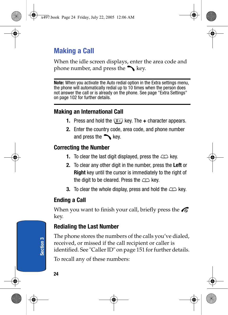 Making a call, Making an international call, Correcting the number | Ending a call, Redialing the last number | Samsung SGH-x497 User Manual | Page 24 / 196