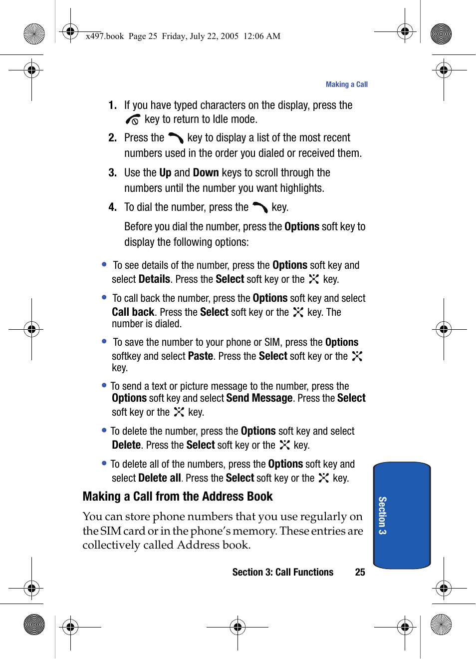 Making a call from the address book | Samsung SGH-x497 User Manual | Page 25 / 196