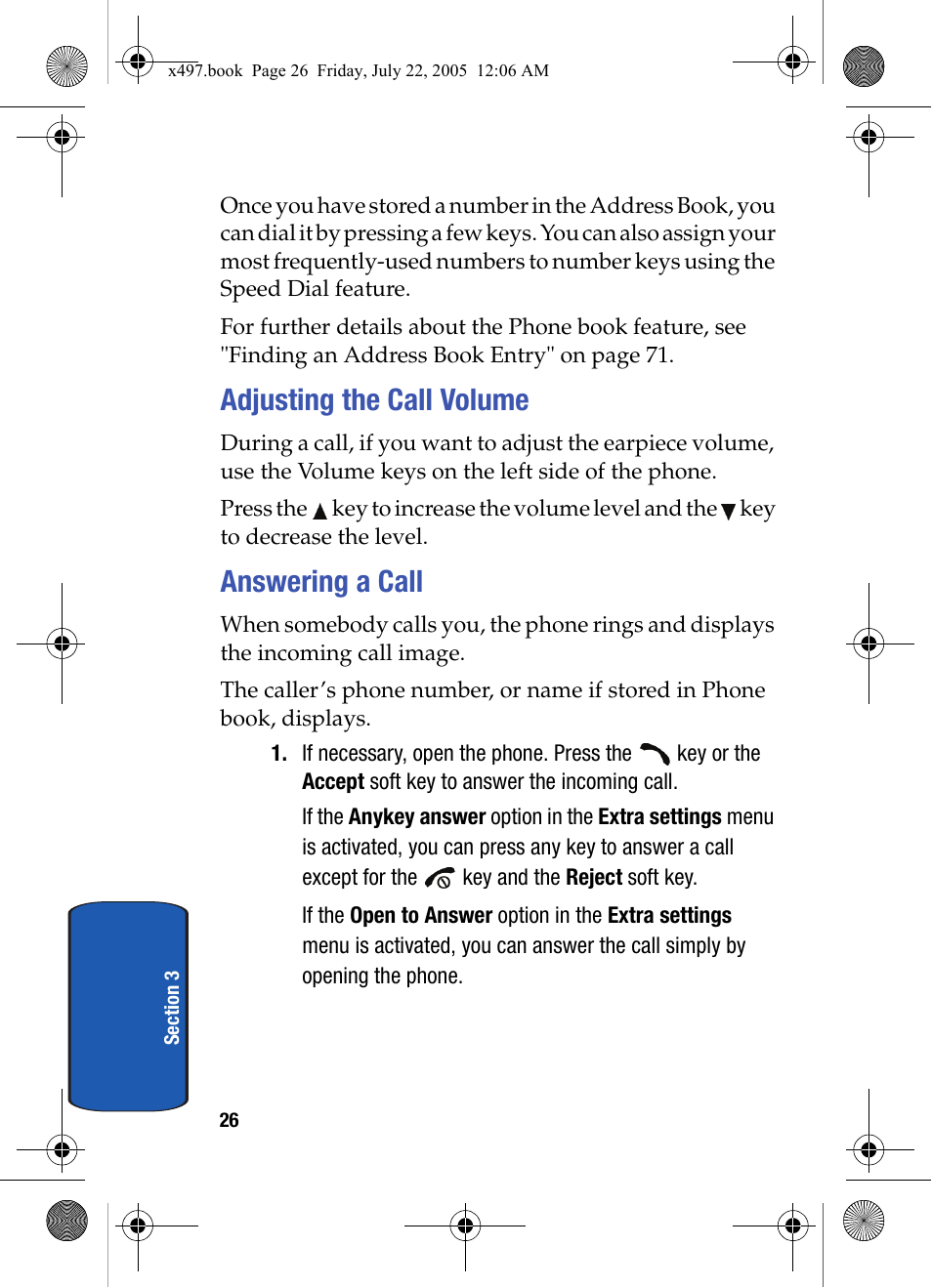 Adjusting the call volume, Answering a call, Adjusting the call volume answering a call | Samsung SGH-x497 User Manual | Page 26 / 196