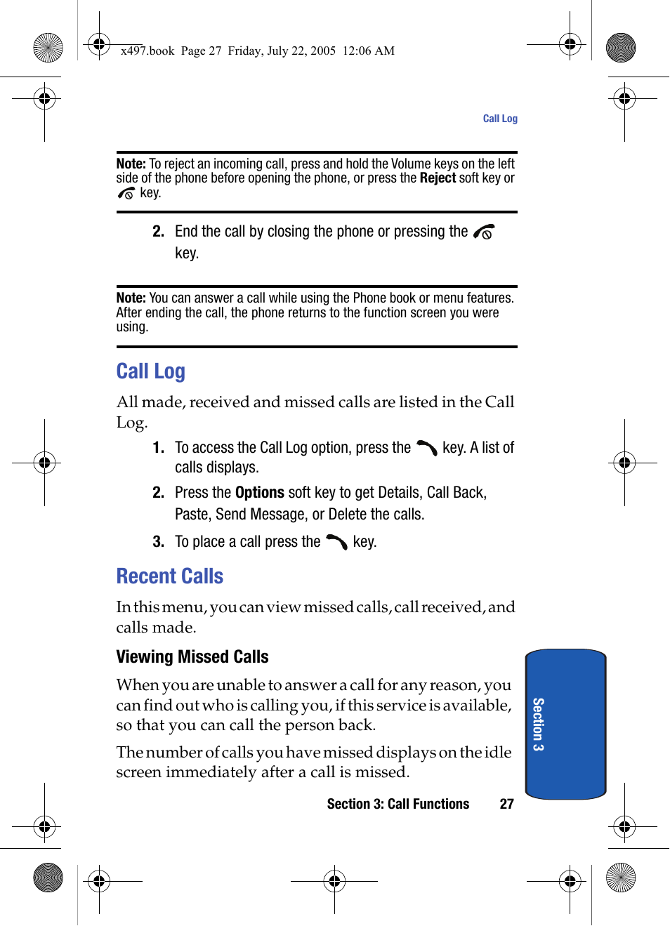 Call log, Recent calls, Viewing missed calls | Call log recent calls | Samsung SGH-x497 User Manual | Page 27 / 196
