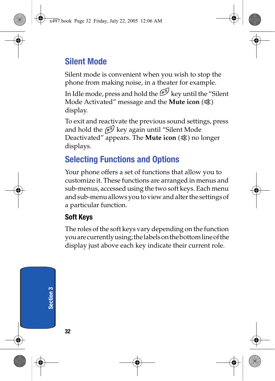 Silent mode, Selecting functions and options, Soft keys | Silent mode selecting functions and options | Samsung SGH-x497 User Manual | Page 32 / 196