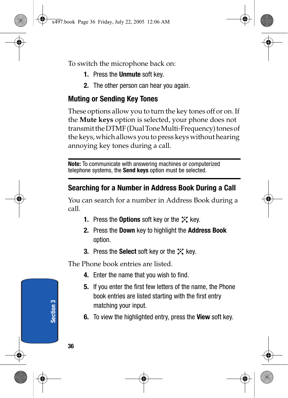 Muting or sending key tones | Samsung SGH-x497 User Manual | Page 36 / 196