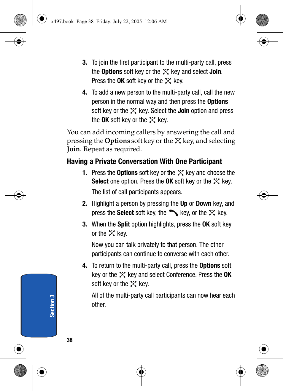 Having a private conversation with one participant | Samsung SGH-x497 User Manual | Page 38 / 196