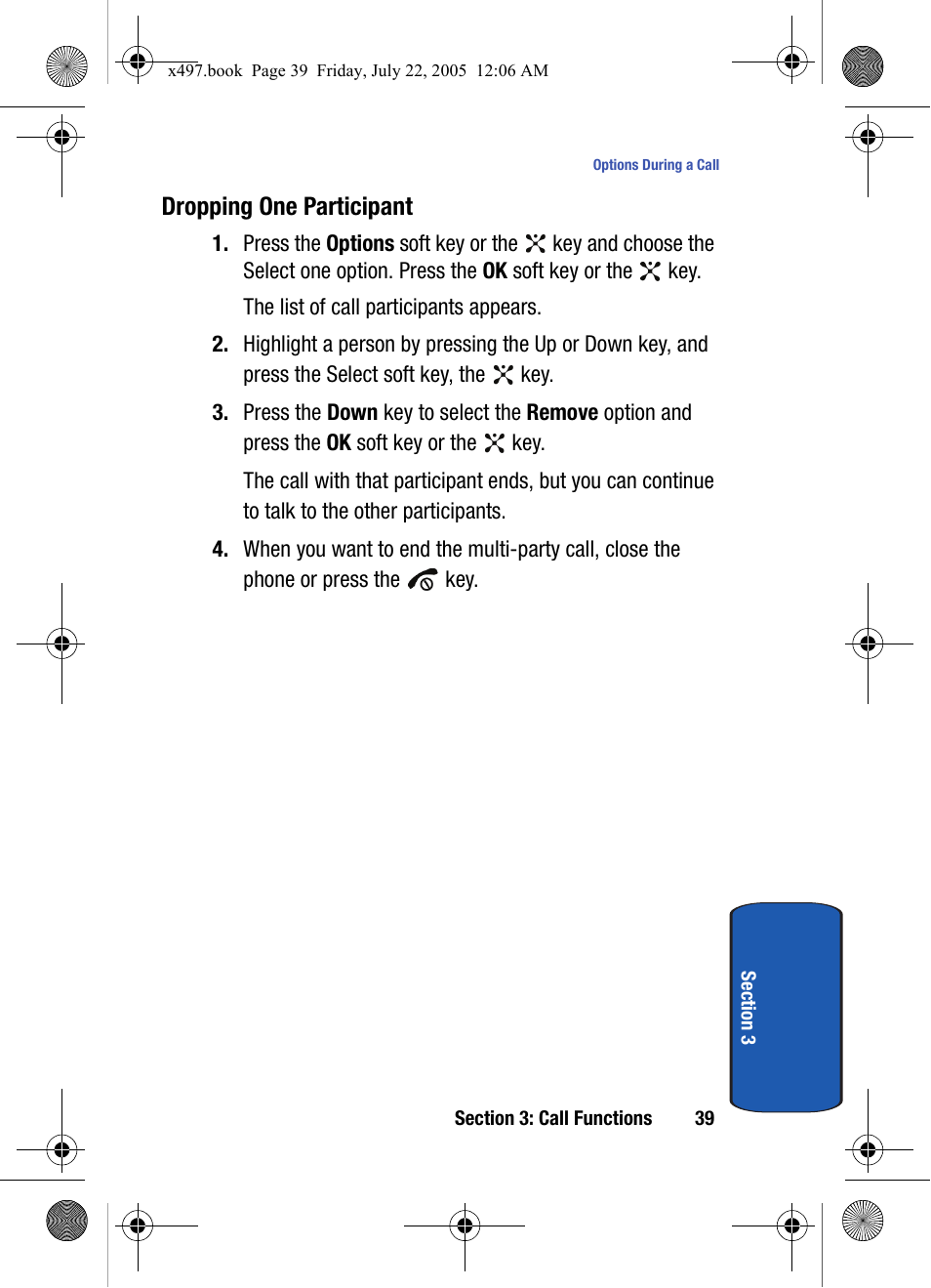 Dropping one participant | Samsung SGH-x497 User Manual | Page 39 / 196