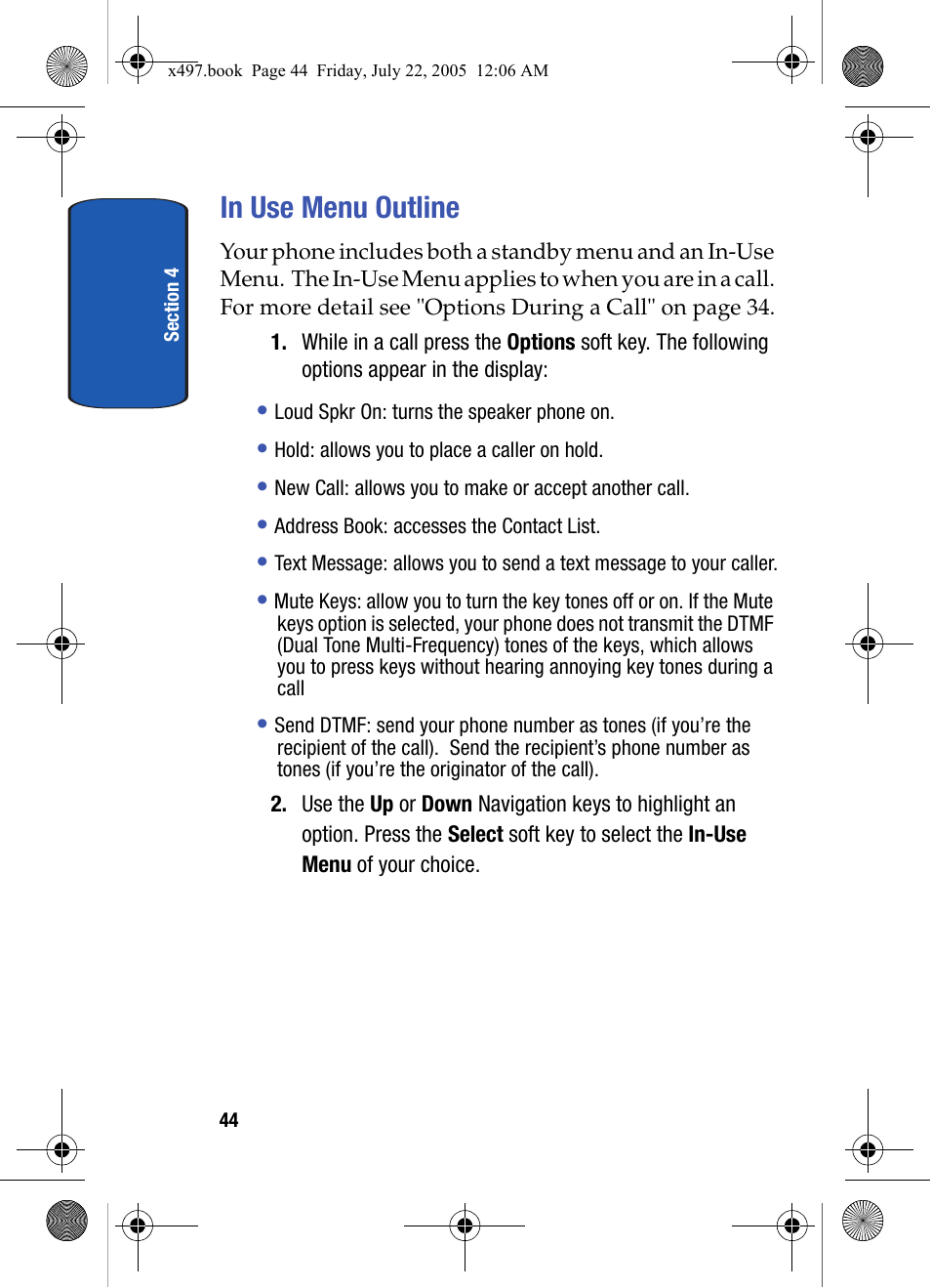 In use menu outline | Samsung SGH-x497 User Manual | Page 44 / 196