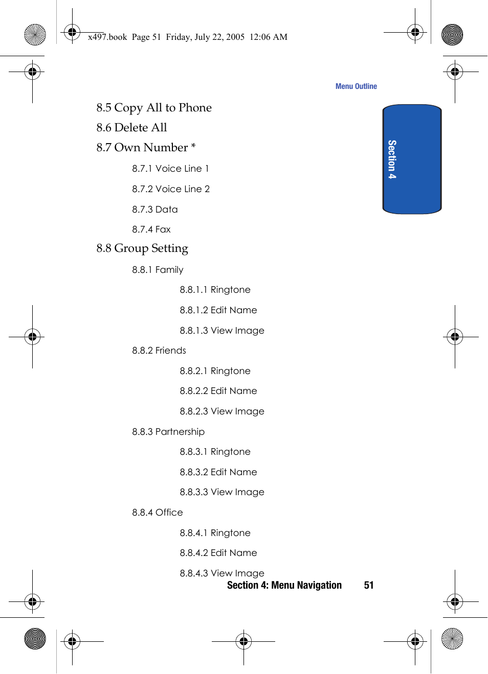 8 group setting | Samsung SGH-x497 User Manual | Page 51 / 196