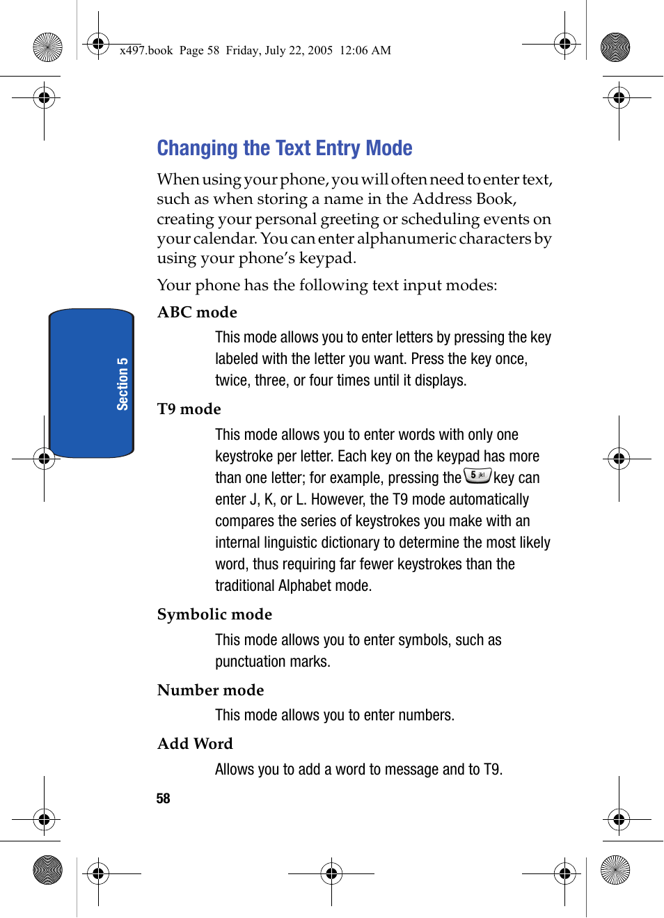 Changing the text entry mode | Samsung SGH-x497 User Manual | Page 58 / 196