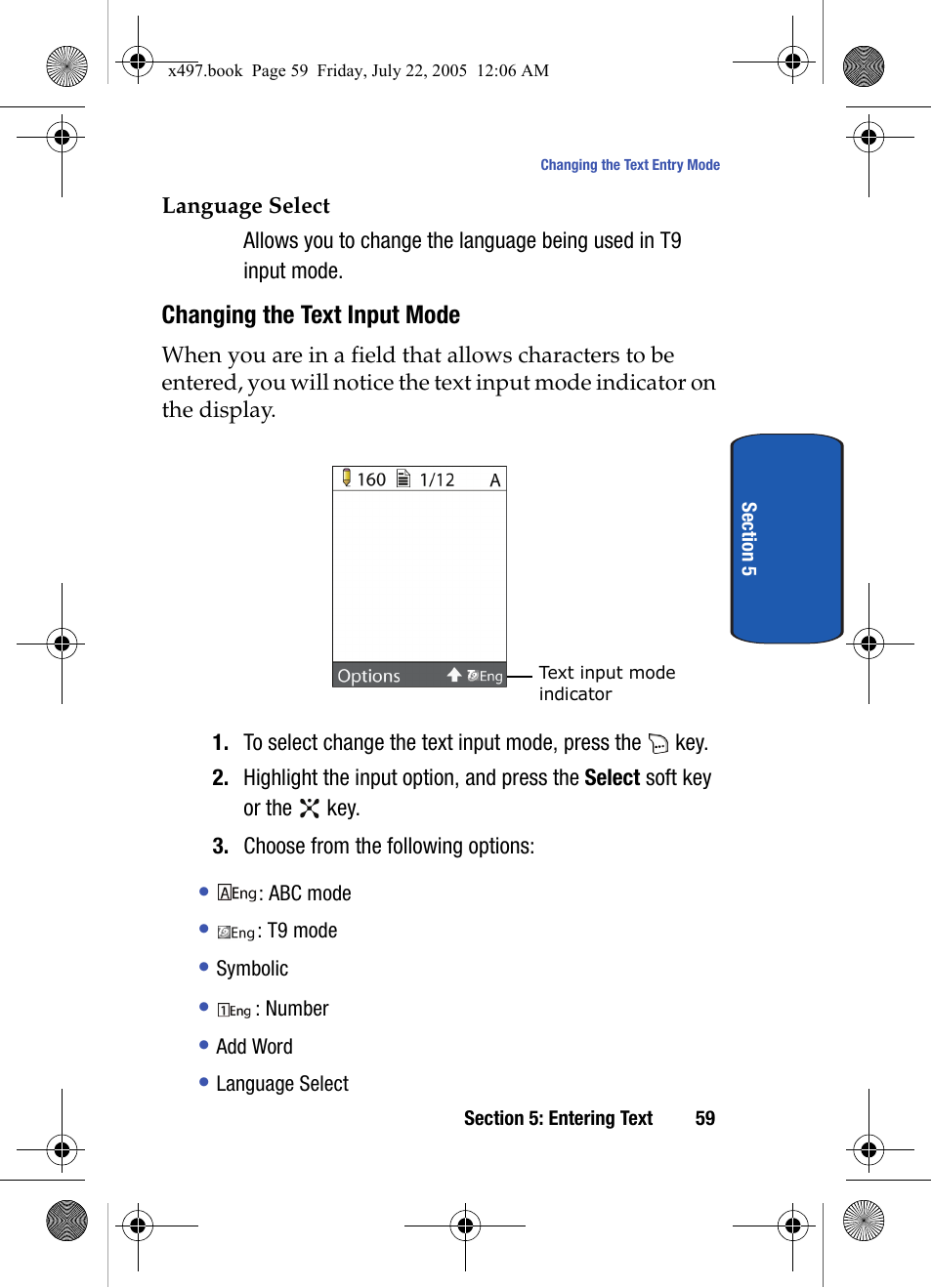 Changing the text input mode | Samsung SGH-x497 User Manual | Page 59 / 196