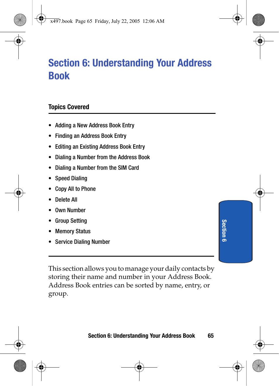 Section 6: understanding your address book, Topics covered, Section 6: understanding your address book 65 | Samsung SGH-x497 User Manual | Page 65 / 196