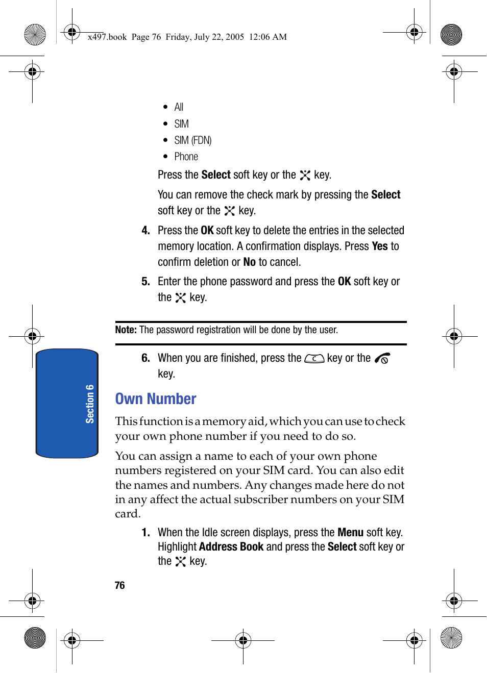 Own number | Samsung SGH-x497 User Manual | Page 76 / 196