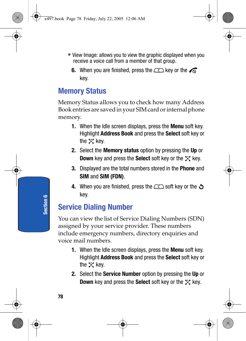 Memory status, Service dialing number, Memory status service dialing number | Samsung SGH-x497 User Manual | Page 78 / 196