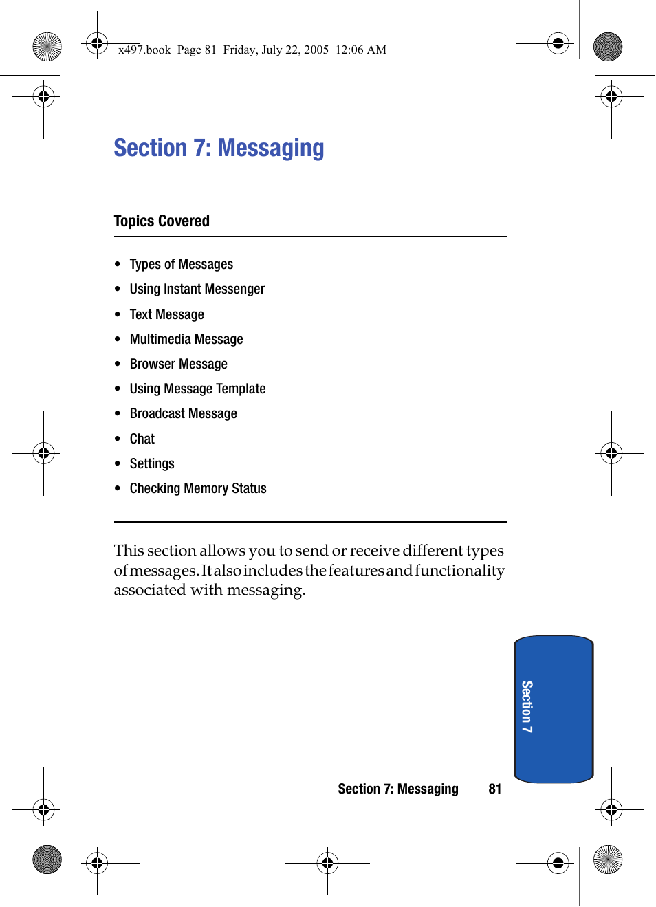 Section 7: messaging, Topics covered | Samsung SGH-x497 User Manual | Page 81 / 196