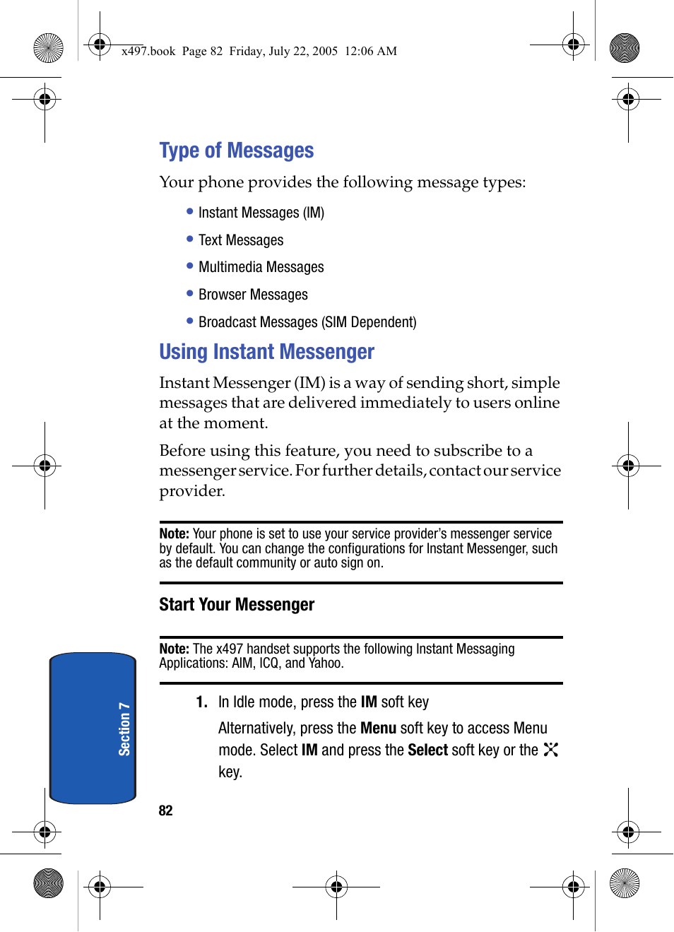 Type of messages, Using instant messenger, Start your messenger | Type of messages using instant messenger | Samsung SGH-x497 User Manual | Page 82 / 196