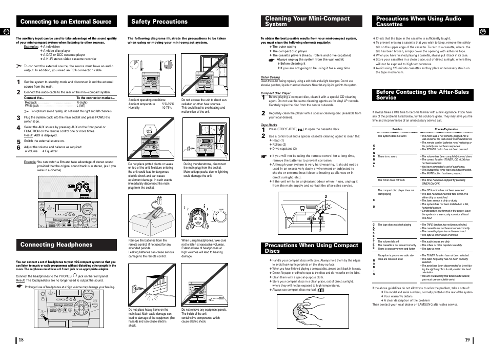 Connecting to an external source, Connecting headphones, Safety precautions | Cleaning your mini-compact system, Precautions when using compact discs, Precautions when using audio cassettes, Before contacting the after-sales service, Compact digital audio, Up down | Samsung MAX-900 User Manual | Page 10 / 12