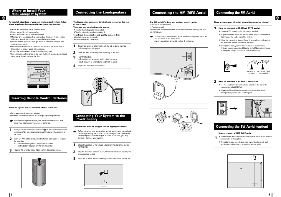 Where to install your mini-compact system, Inserting remote control batteries, Connecting the loudspeakers | Connecting your system to the power supply, Connecting the am (mw) aerial, Connecting the fm aerial, Connecting the sw aerial (option) | Samsung MAX-900 User Manual | Page 3 / 12