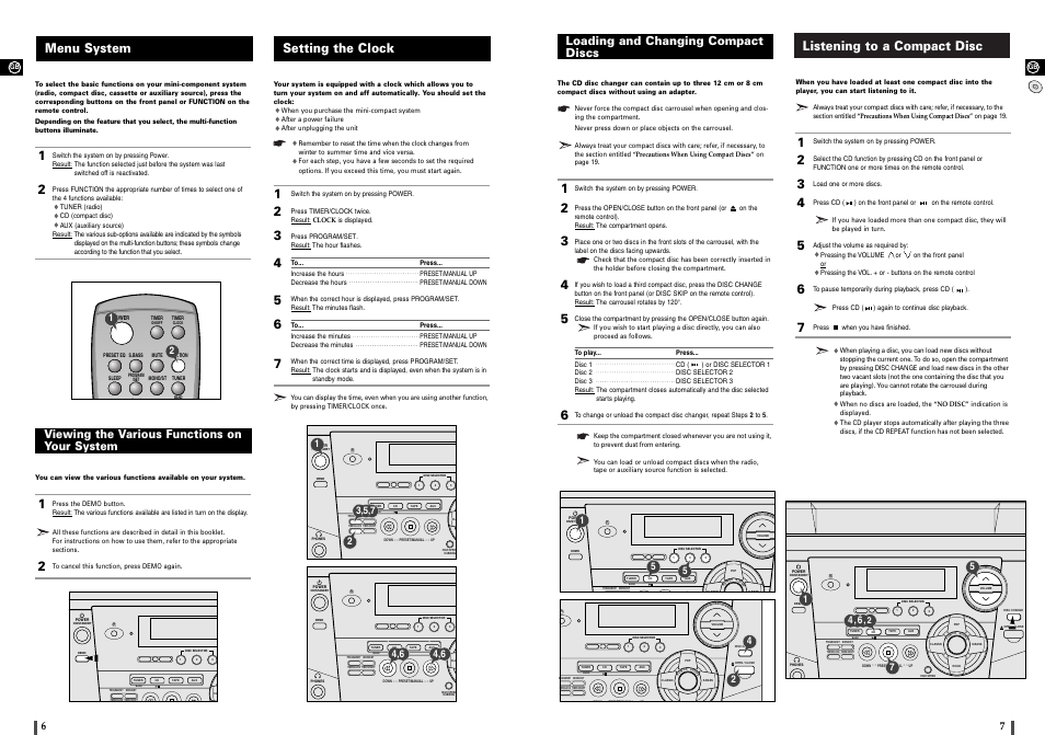 Menu system, Viewing the various functions on your system, Setting the clock | Loading and changing compact discs, Listening to a compact disc, Setting the clock menu system | Samsung MAX-900 User Manual | Page 4 / 12