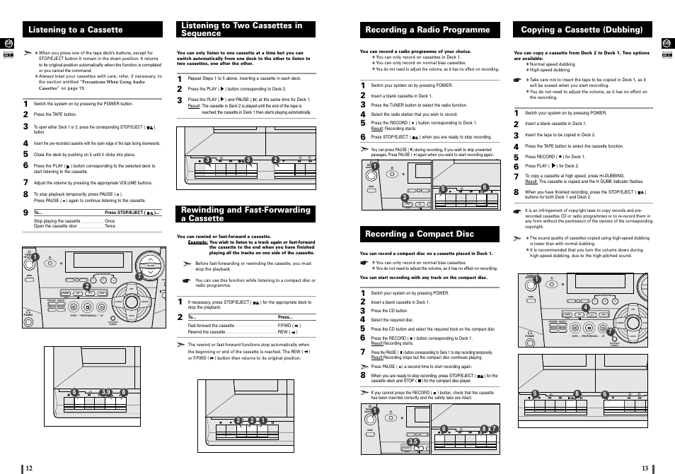 Listening to a cassette, Listening to two cassettes in sequence, Rewinding and fast-forwarding a cassette | Recording a radio programme, Recording a compact disc, Copying a cassette (dubbing) | Samsung MAX-900 User Manual | Page 7 / 12