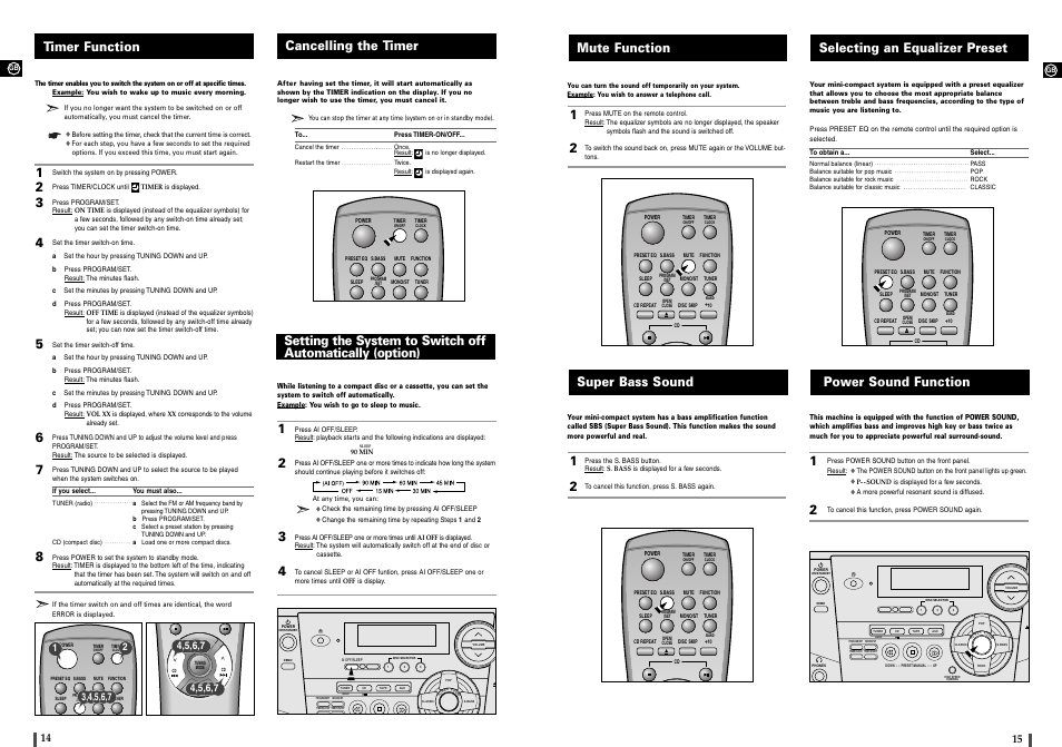 Timer function, Cancelling the timer, Mute function | Super bass sound, Selecting an equalizer preset, Power sound function | Samsung MAX-900 User Manual | Page 8 / 12