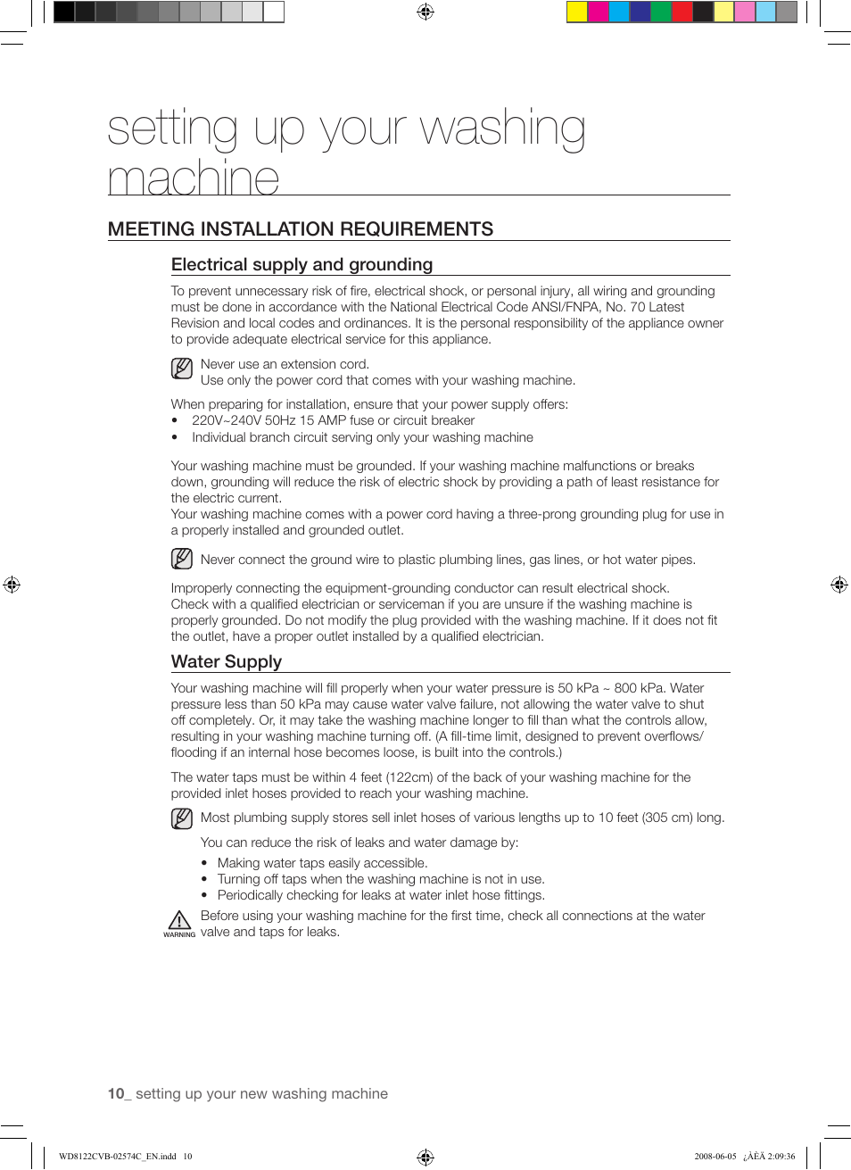 Setting up your washing machine | Samsung WD8122CVD User Manual | Page 10 / 144