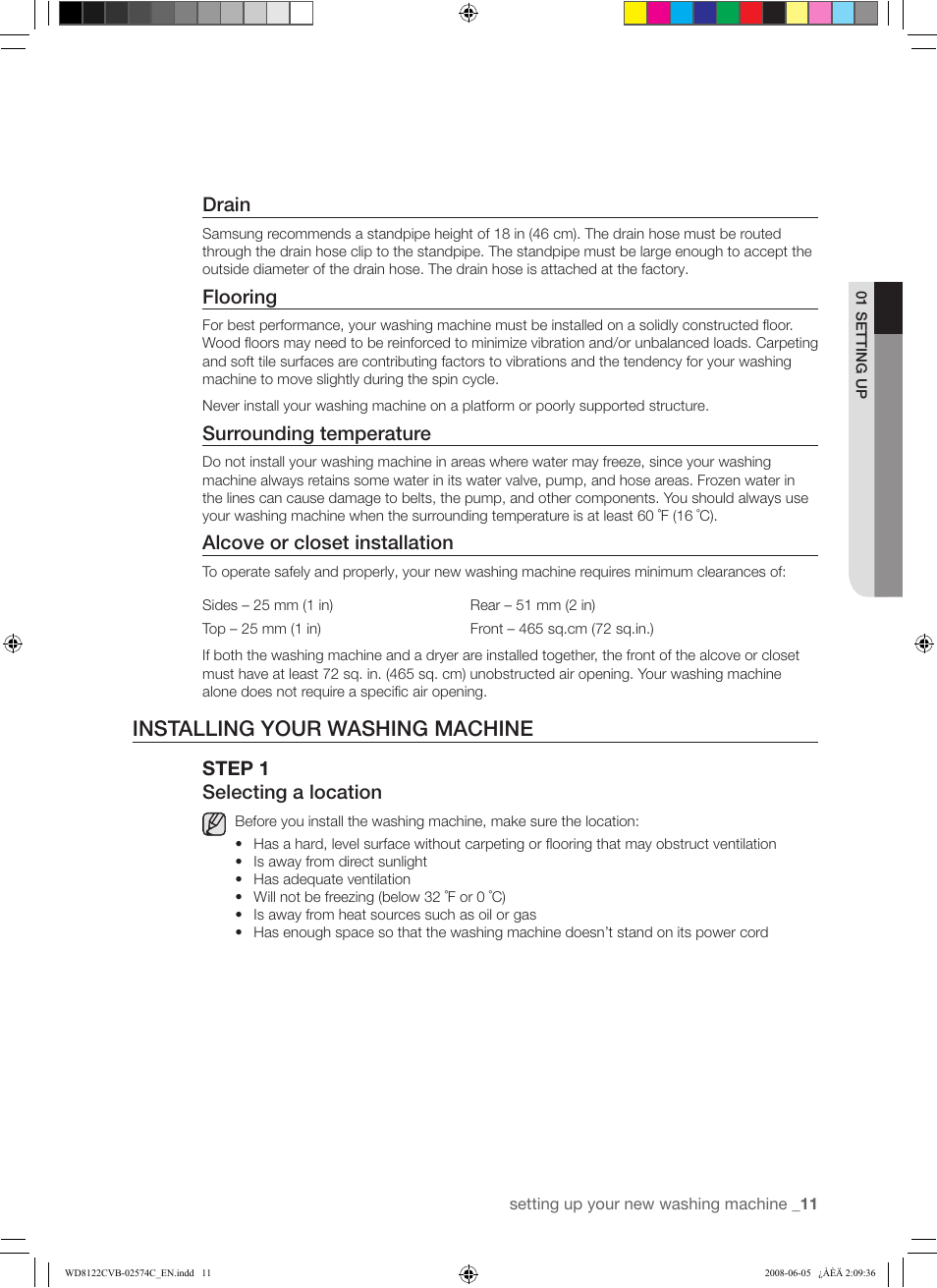 Installing your washing machine, Drain, Flooring | Surrounding temperature, Alcove or closet installation, Step 1 selecting a location | Samsung WD8122CVD User Manual | Page 11 / 144