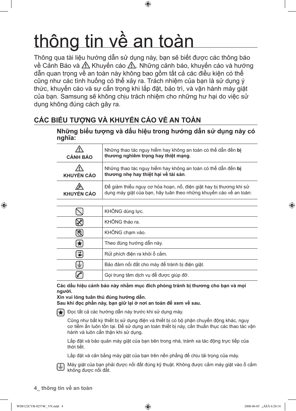 Thông tin về an toàn, Các biểu tượng và khuyến cáo về an toàn | Samsung WD8122CVD User Manual | Page 112 / 144