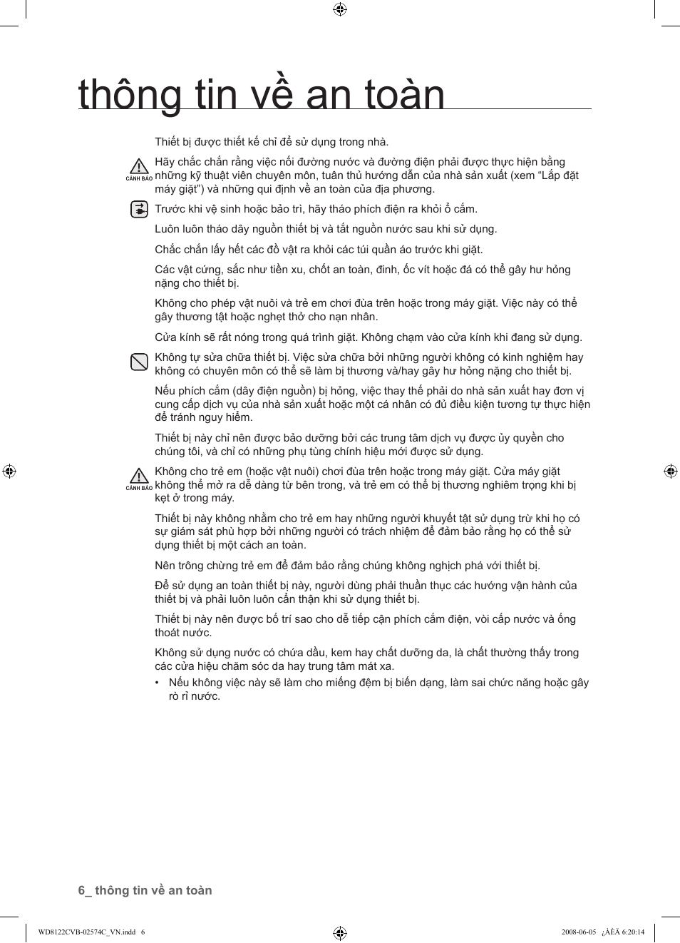 Thông tin về an toàn | Samsung WD8122CVD User Manual | Page 114 / 144