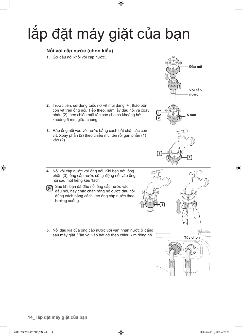 Lắp đặt máy giặt của bạn, Nối vòi cấp nước (chọn kiểu) | Samsung WD8122CVD User Manual | Page 122 / 144