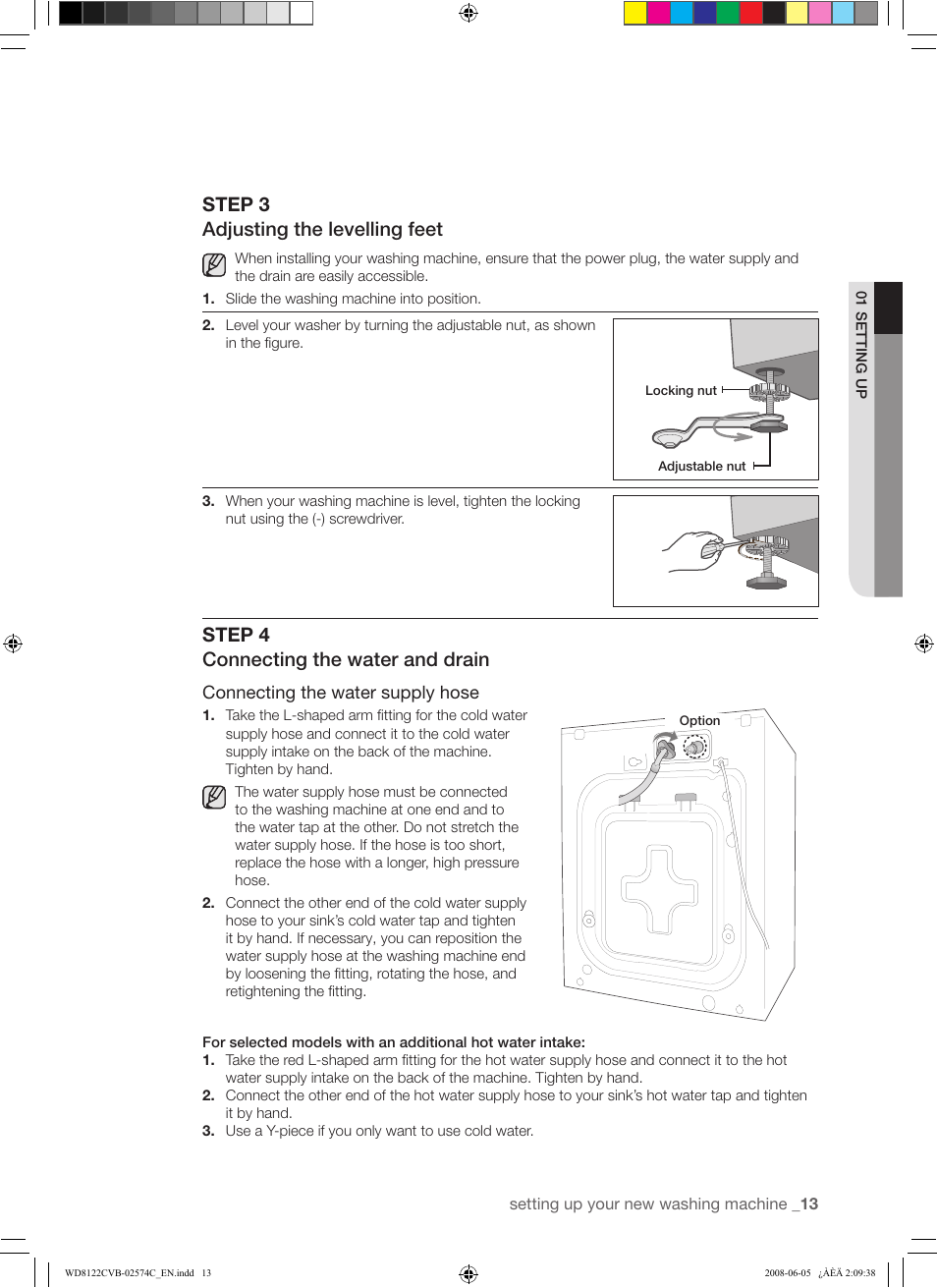 Step 3 adjusting the levelling feet, Step 4 connecting the water and drain, Connecting the water supply hose | Samsung WD8122CVD User Manual | Page 13 / 144