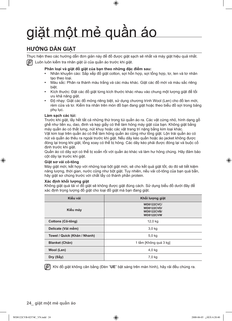 Giặt một mẻ quần áo, Hướng dẫn giặt | Samsung WD8122CVD User Manual | Page 132 / 144