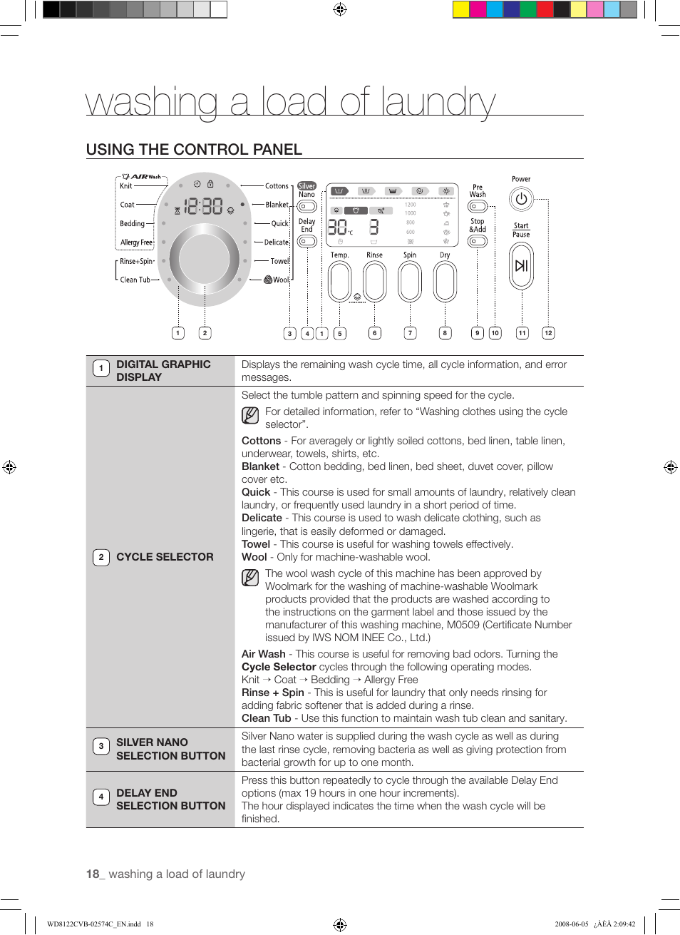 Washing a load of laundry, Using the control panel | Samsung WD8122CVD User Manual | Page 18 / 144