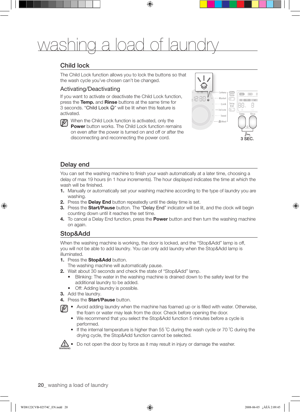 Washing a load of laundry, Child lock, Delay end | Stop&add | Samsung WD8122CVD User Manual | Page 20 / 144