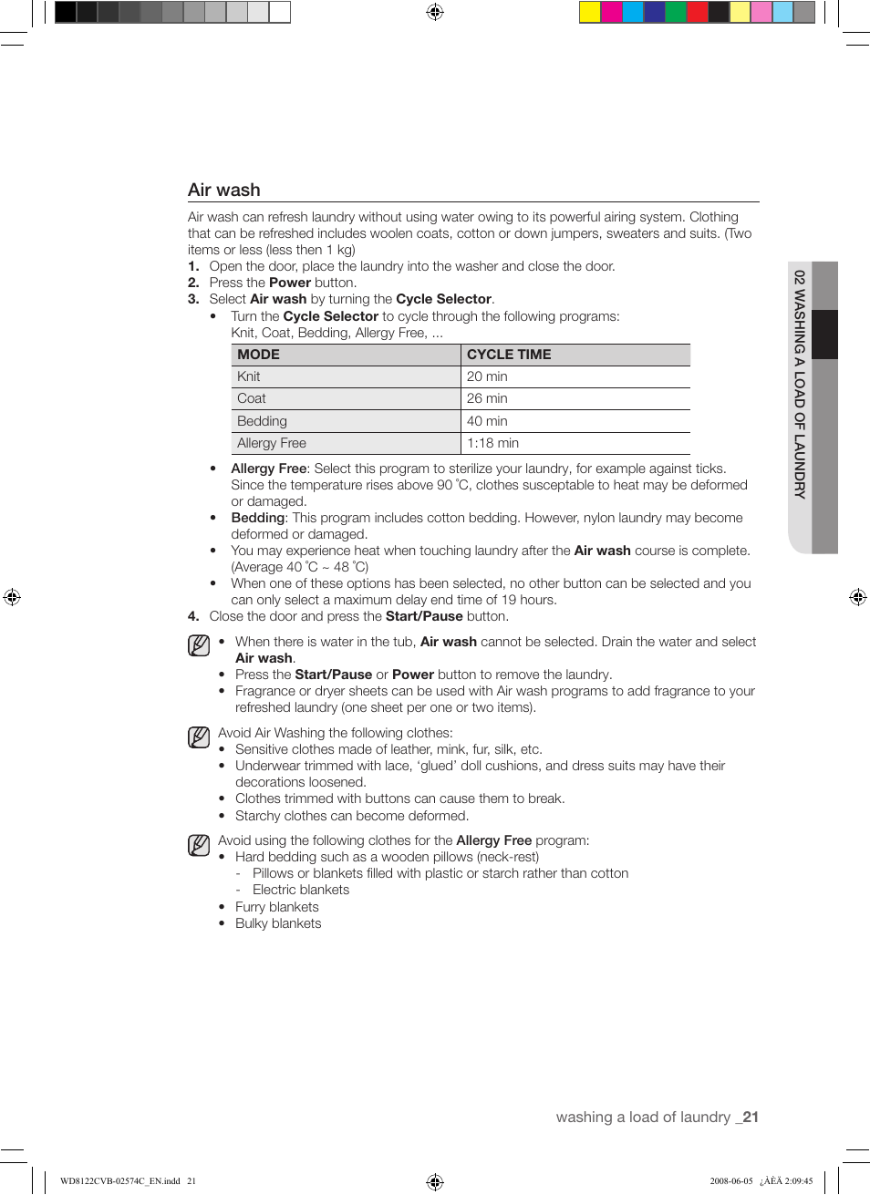 Air wash | Samsung WD8122CVD User Manual | Page 21 / 144