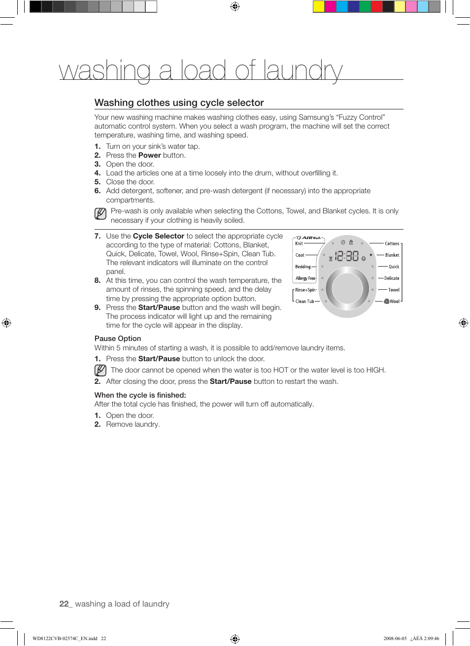 Washing a load of laundry | Samsung WD8122CVD User Manual | Page 22 / 144