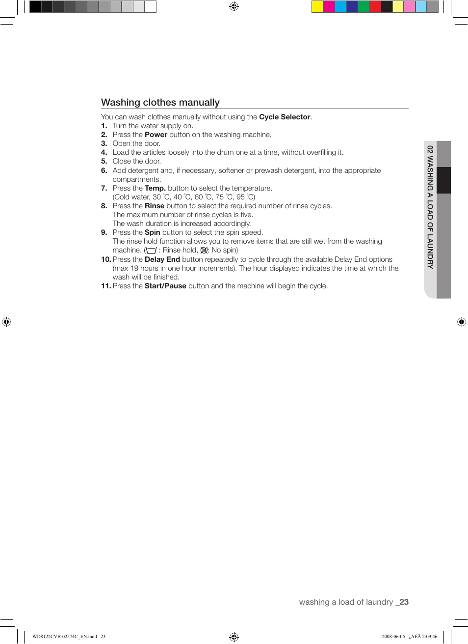 Washing clothes manually | Samsung WD8122CVD User Manual | Page 23 / 144