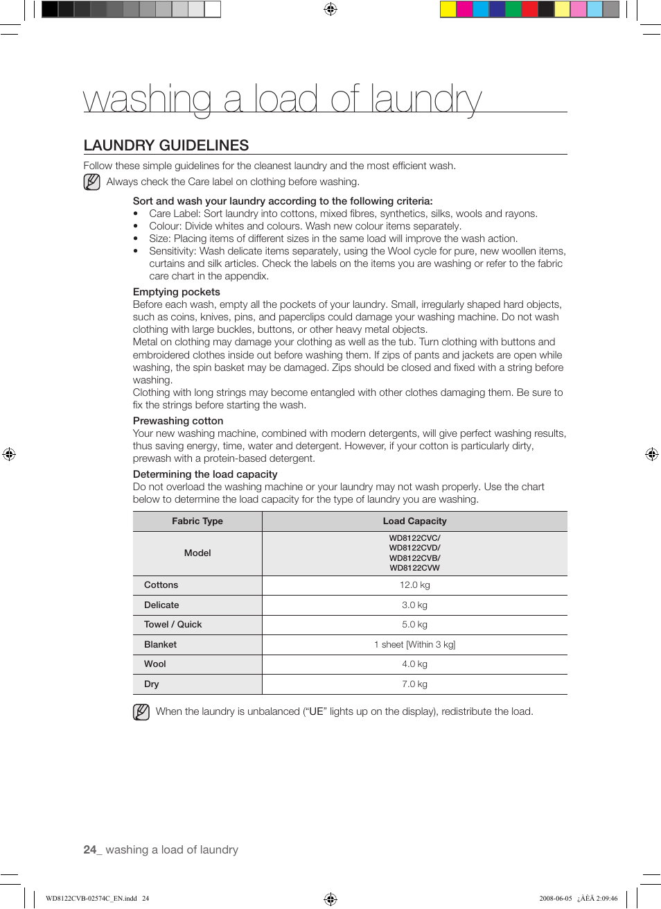 Washing a load of laundry, Laundry guidelines | Samsung WD8122CVD User Manual | Page 24 / 144