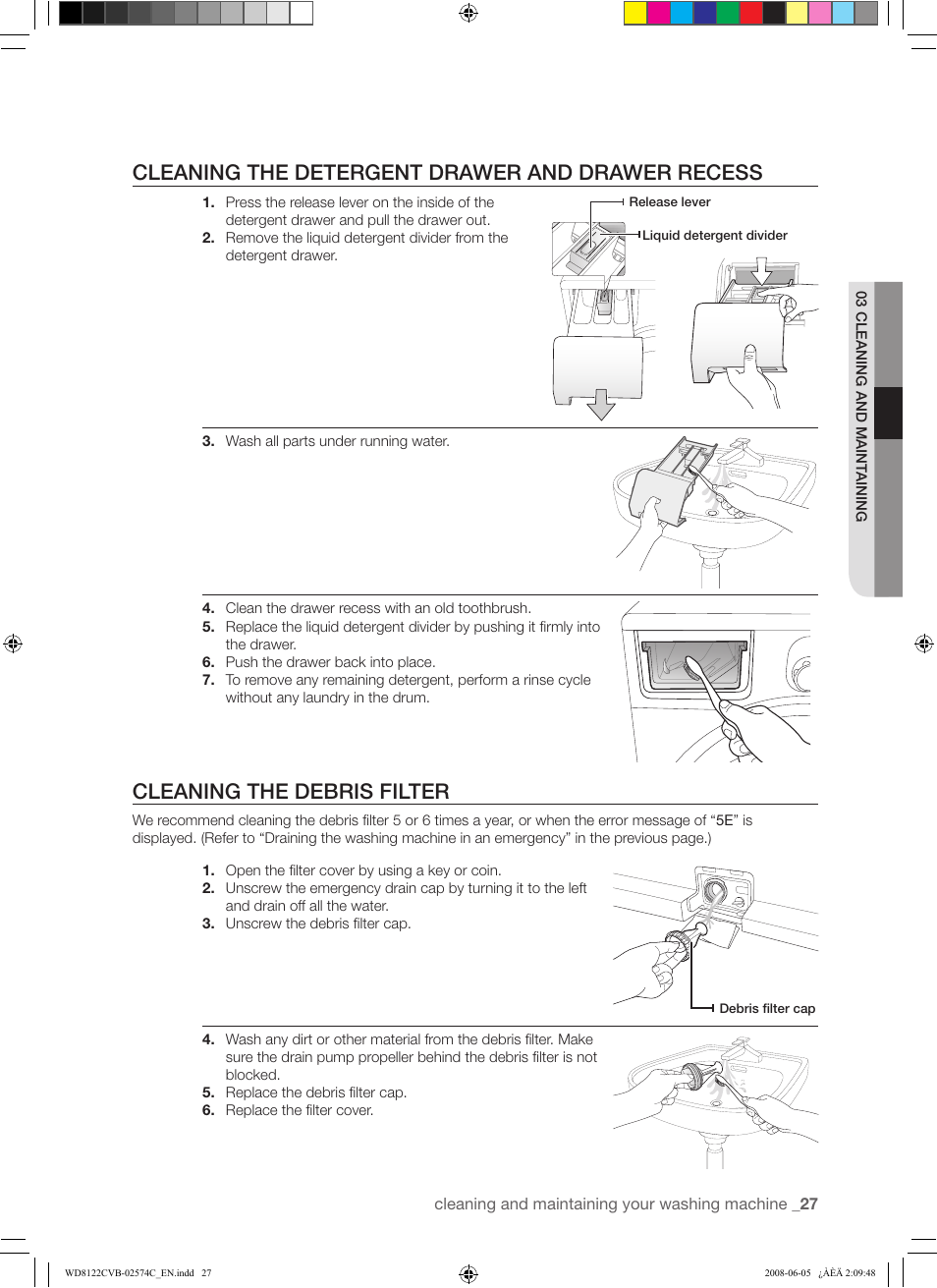 Cleaning the detergent drawer and drawer recess, Cleaning the debris filter | Samsung WD8122CVD User Manual | Page 27 / 144