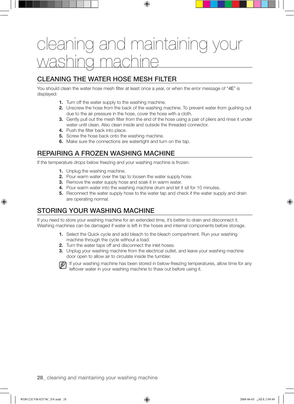 Cleaning and maintaining your washing machine, Cleaning the water hose mesh filter, Repairing a frozen washing machine | Storing your washing machine | Samsung WD8122CVD User Manual | Page 28 / 144