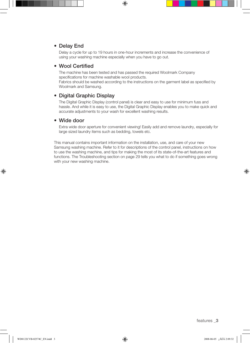 Delay end, Wool certiﬁed, Digital graphic display | Wide door | Samsung WD8122CVD User Manual | Page 3 / 144
