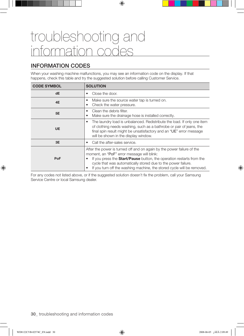 Troubleshooting and information codes, Information codes | Samsung WD8122CVD User Manual | Page 30 / 144