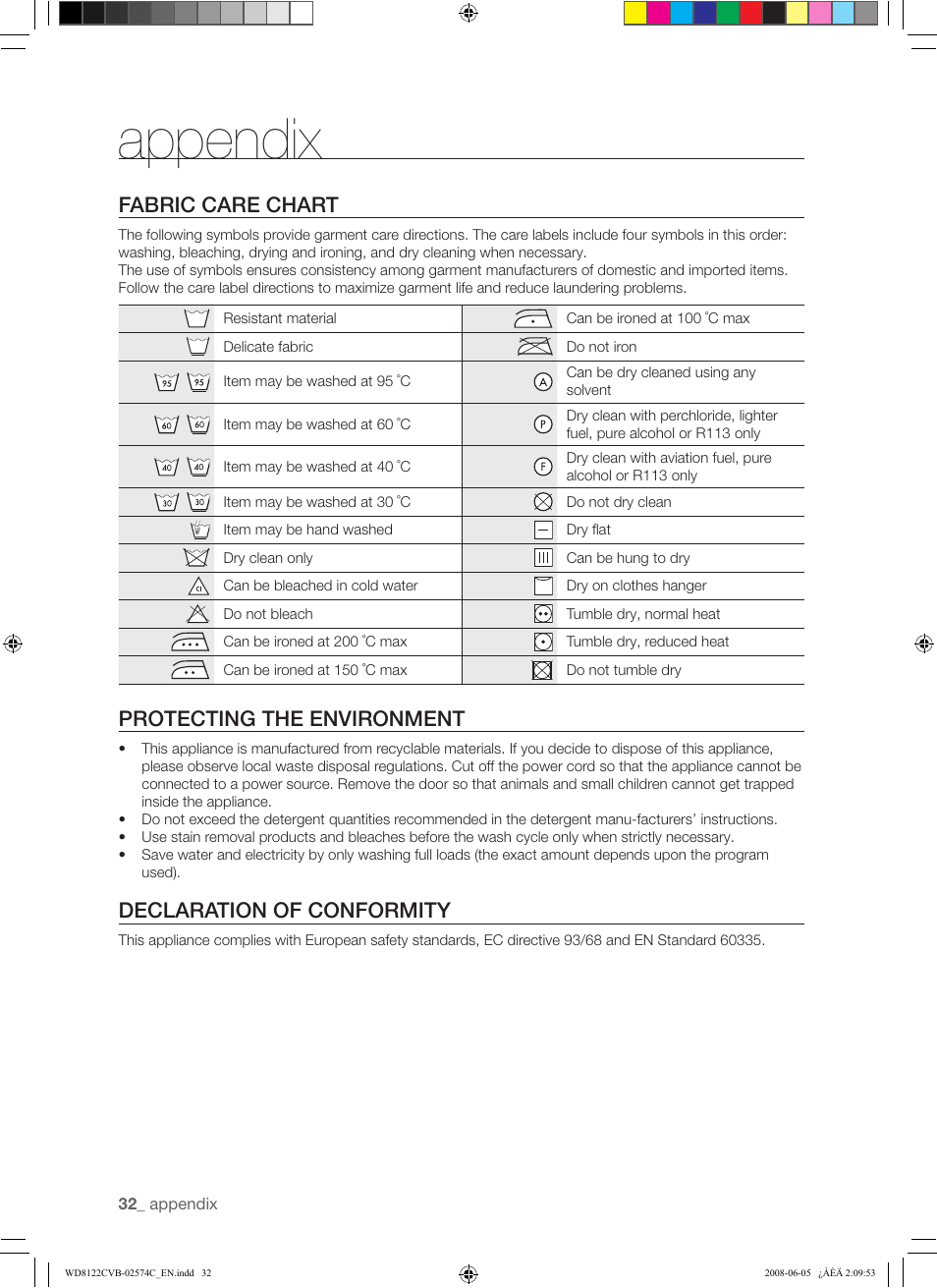 Appendix, Fabric care chart, Protecting the environment | Declaration of conformity | Samsung WD8122CVD User Manual | Page 32 / 144